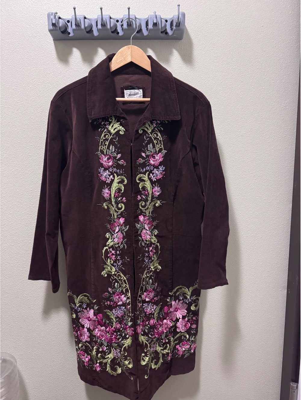 Live a Little Brown Corduroy Floral Embroidered Long Duster Coat Boho
